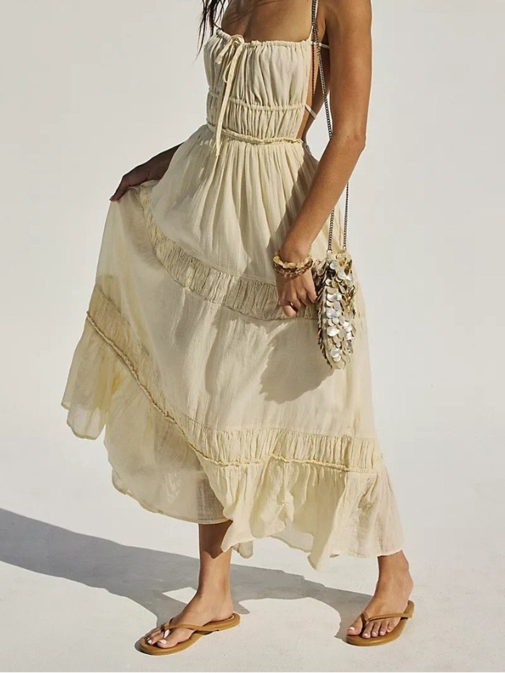 Free People Cream Ruffled Tiered Maxi Skirt